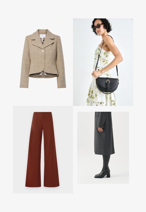 Bežový houndstooth blazer s výstrihom, piatimi gombíkmi a asymetrickým spodným okrajom. Podšitý hladkou, neutrálne sfarbenou látkou.; Dlhý rukáv top z tmavošedej bavlny s okrúhlym výstrihom, priliehavým strihom a hladkou textúrou. Bez vzorov alebo viditeľných akcentov.; Široké nohavice vyrobené z hladkej tkaniny v bohatej, tmavej hnedej farbe. Majú vysoký pás a čisté línie bez viditeľných zapínaní.; Sivý, strihovo upravený kabát so rovnými líniami; doplnený o čierne kožené čižmy po kolená s štvorcovou špičkou a robustným podpätkom.; Čierna kožená kabelka s zaobleným tvarom, odnímateľným popruhom a zlatými doplnkami. Kabelka má klopu s detailom s prackou.