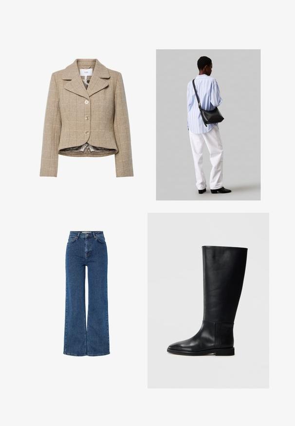 Beige kutyás mintás blazer, kiemelt gallérral, öt gombbal és magas-alacsony szegéllyel. Simább, semleges színű anyaggal bélelve.; Fekete pamut póló rövid ujjakkal, kerek nyakkivágással és kis fehér "Calvin Klein" logóval a mellkasnál. Simás textúra, klasszikus fazon.; Magas derekú kék farmernadrág széles szárakkal, hagyományos öt zsebes kivitelben, fém gombos záródással és kontrasztos varrással.; Fekete bőrből készült, térd fölé érő csizma, lekerekített orral, sima felülettel, minimalista dizájnnal és lapos talppal. Egyszerű varrási részletek a szárán.; Fekete bőr válltáska puha tapintással, háromszög alakú, állítható pánttal, világoskék csíkos inggel és fehér nadrággal párosítva.