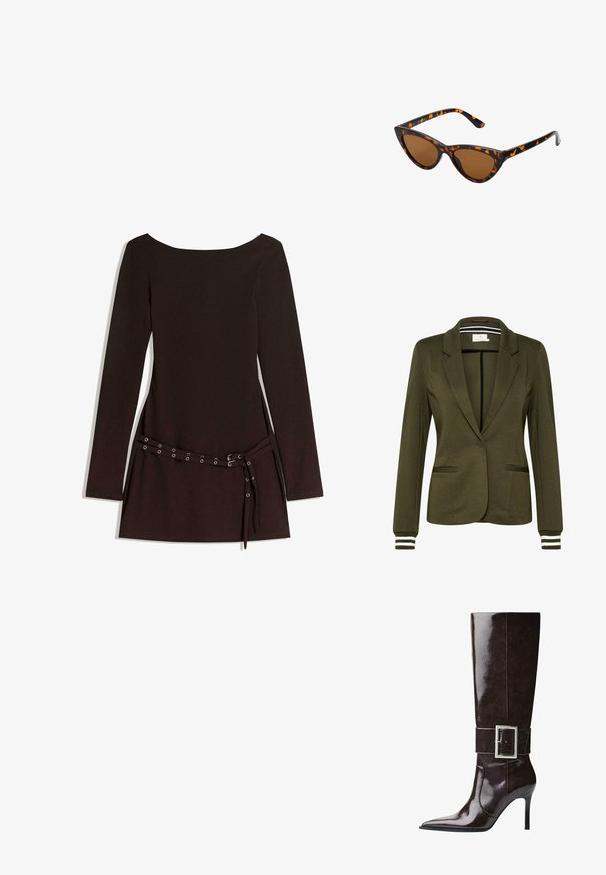 Olivgrüner Blazer mit strukturiertem Design, einreihiger Knopfverschluss, zwei vordere Taschen und gestreiften Akzenten an den Manschetten.; Schwarzes langärmliges Kleid mit weit ausgeschnittenem Hals, ausgestattet mit einem taillierten Bund mit Metallösen und einer glatten Stoffoberfläche.; Dunkelbraune knöchelhohe Lederstiefel mit spitzer Spitze, Stiletto-Absatz und breitem Riemen mit großer rechteckiger silberner Schnalle.; Katzenaugen-Sonnenbrille mit einem schwarz-orangenen Schildpattrahmen, braunen Gläsern und schlanken, spitzen Enden. Verfügt über ein minimalistisches Logo am Bügel.; Die goldene Handtasche verfügt über einen strukturierten Stoff mit runden, metallischen Nieten, einem dreieckigen Logoschild und einem Kettenriemen mit runden Metallösen.