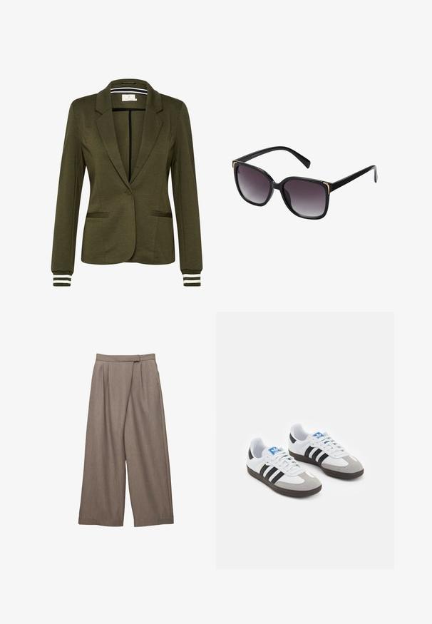 Olijfgroene blazer met een gestructureerd ontwerp, enkele knoopsluiting, twee voorzakken en gestreepte accenten op de mouwen.; Lichtroze overhemd met lange mouwen en witte verticale strepen, met bijpassende stropdas. Soepele textuur, button-down kraag en manchet met knopen.; Brede broek in een lichtbruine stof, met plooien bij de taille en een soepele textuur. Ontworpen met zijzakken voor praktische bruikbaarheid.; Sportschoenen met een witte leren bovenkant, grijze suède neus en drie zwarte strepen. Bevat een blauw logo op de tong en een gestructureerde rubberen zool.; Zwarte zonnebril met gradiënt grijze lenzen, oversized vierkante monturen met gouden accentdetails op de hoeken en slanke zwarte pootjes.