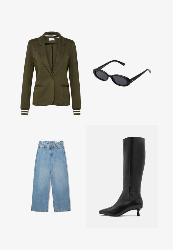 Olivengrøn blazer med et struktureret design, enkelt knaplukning, to frontlommer og stribede detaljer på ærmerne.; Simpel hvid langærmet skjorte, rund hals, vist fra ryggen, lagt fladt på en hvid baggrund.; Lyseblå vide denimjeans med høj talje, fem lommer, knaplukning og diskret falmning for tekstur.; Zign Høje støvler/ Støvler - black; Store store