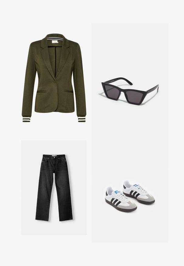 Olivově zelený blejzer se strukturovaným designem, zapínáním na jeden knoflík, dvěma předními kapsami a pruhovanými akcenty na manžetách.; Bílý top bez rukávů, žebrovaná textura, kulatý výstřih, obtáhnutý střih, decentní značka na štítku uvnitř oblasti límce.; Bershka Džíny Straight Fit - mottled dark grey; Sportovní boty s bílým koženým svrškem, šedou semišovou špičkou a třemi černými pruhy. Obsahují modré logo na jazyku a texturovanou gumovou podrážku.; Černé, ostré sluneční brýle s šedými skly; vyrobené z plastu, s mohutnými rameny a hladkým povrchem bez viditelného hardwaru.
