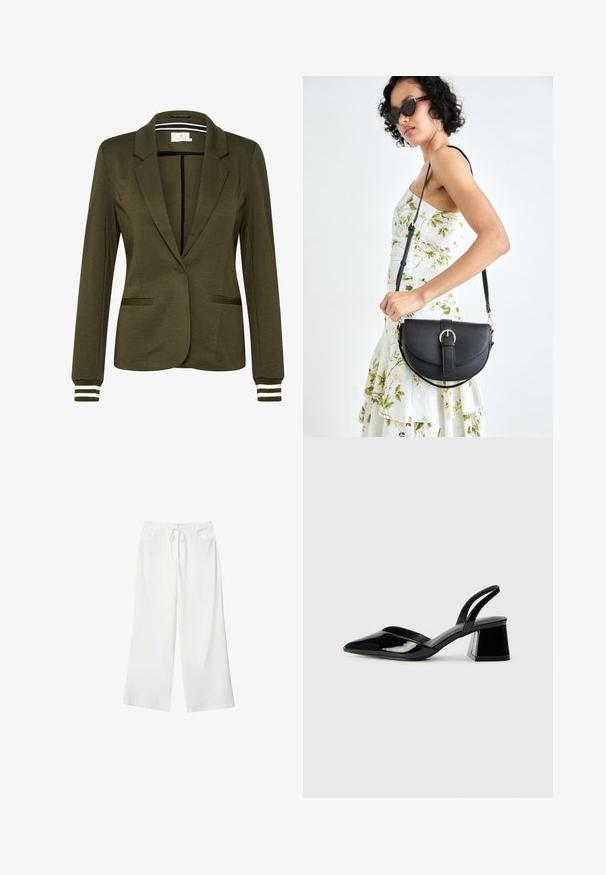 Olivengrøn blazer med et struktureret design, enkelt knaplukning, to frontlommer og stribede detaljer på ærmerne.; To camisoles vises: en sort og en hvid. Begge har tynde stropper og et tætsiddende design lavet af et glat, strækbart stof.; Hvide bukser med vidde lavet af blødt stof, med bindebånd i taljen og to forlommer. Glat tekstur og uden synlige mønstre.; Sorte patentlæder slingback hæle med spids tå og en geometrisk blok hæl. Har et elegant, minimalistisk design og en glat tekstur.; Sort læderhåndtaske med en buet form, aftagelig rem og guldfinish. Tasken har en klap med en spænde detalje.