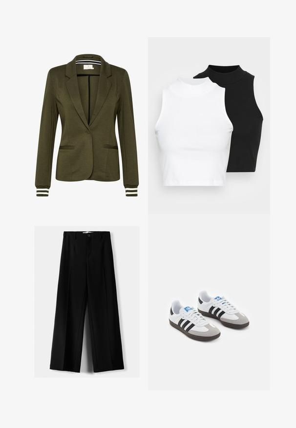 Olivgrüner Blazer mit strukturiertem Design, einreihiger Knopfverschluss, zwei vordere Taschen und gestreiften Akzenten an den Manschetten.; Zwei ärmellose, gerippte Rollkragenoberteile in Schwarz und Weiß, mit einer figurbetonten Passform und glatter Textur sowie einer cropped Länge.; Schwarze weite Hosen aus leichtem Stoff, mit einem Knopfverschluss vorne und flachem Bund, mit sorgfältig genähten Säumen.; Sportschuhe mit einem Obermaterial aus weißem Leder, grauer Wildleder-Zehenkappe und drei schwarzen Streifen. Sie verfügen über ein blaues Logo auf der Zunge und eine strukturierte Gummisohle.
