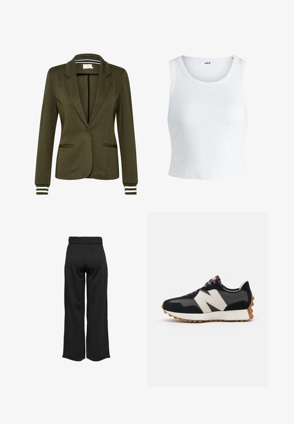 Olive rohelise värvi bleizer, millel on struktureeritud disain, üks nupp, kaks esipotti ja triibulised aktsendid varrukatel.; Valge ribakujuline tank top, millel on ümmargune kaelus, varrukateta disain ja lühike pikkus. Silt ütleb "JJXX." Sile kangast tekstuur.; Mustad, laiad püksid elastse vöökohtaga, valmistatud siledast kangast. Omab lihtsat disaini, ilma taskute või nähtavate õmbluste detailideta.; Mustmust ja halli nubukist tennisajal on suur kreemjas "N" logo, lilla paelad ja tekstureeritud kummist välispohja.