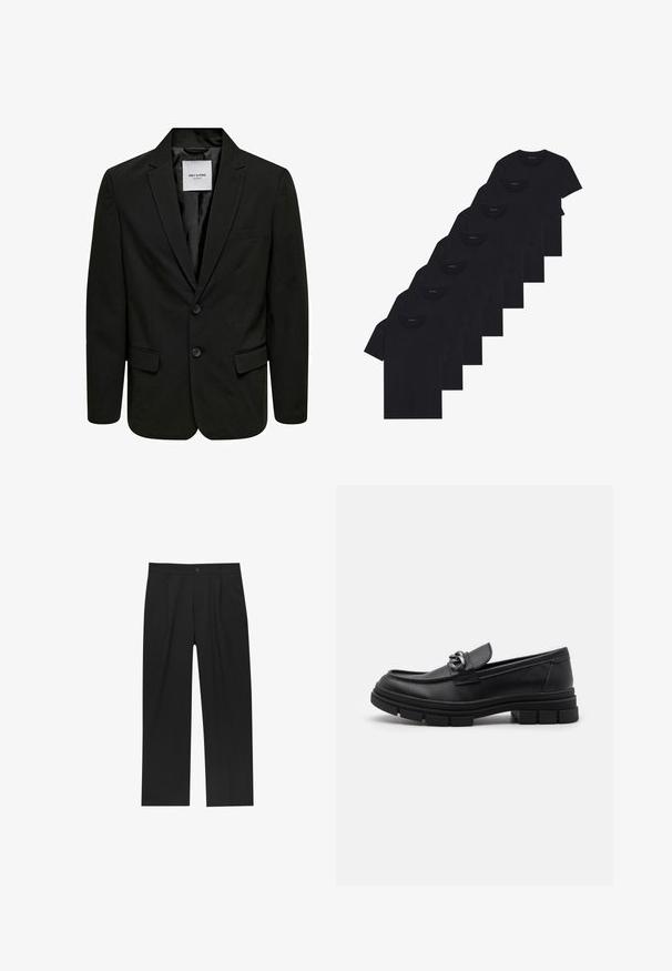 Blazer nero con due bottoni, revers a sciallino e una tasca sul petto. Realizzato in tessuto liscio, presenta una vestibilità standard e un design elegante.; Set di otto t-shirt nere in cotone con maniche corte e collo a giro, caratterizzate da un design semplice e una texture morbida.; Pantaloni neri con un design a gamba dritta, realizzati in un tessuto liscio. Presentano pieghe frontali e una chiusura a un bottone in vita.; Mocassino in pelle nera con punta arrotondata, una fascia decorativa e accessori in metallo, e una suola spessa e testurizzata. Finitura liscia con dettagli sottili.
