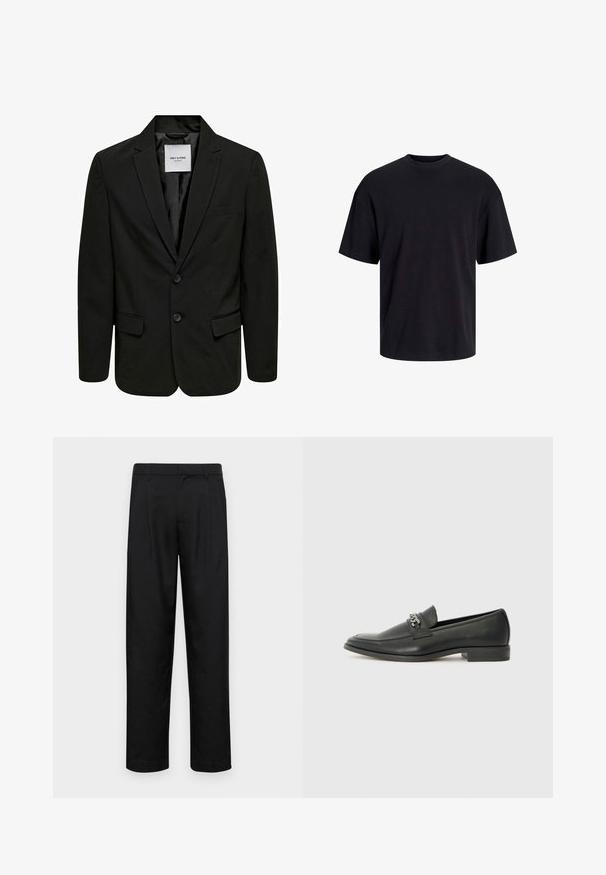 Blazer noir avec deux boutons, revers en notch et une poche poitrine unique. Fabriqué en tissu lisse, avec une coupe standard et un design épuré.; T-shirt en coton noir avec un col ras du cou, des manches courtes et une coupe décontractée. Texture lisse sans motifs ni accents visibles.; Pantalons noirs en tissu lisse, avec une coupe droite, deux plis avant et une taille standard avec passants de ceinture.; Mocassin en cuir noir avec une finition lisse, présentant un design cousu et une accent décoratif en chaîne métallique sur le rand. Talon plat.