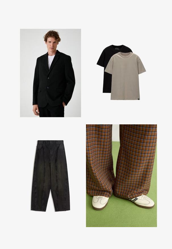 Zwarte blazer van gestructureerde stof, met een getailleerde pasvorm, aangeknipte revers, twee voorkruiszakken en twee bijpassende knopen. Eronder een plain witte t-shirt.; Set van twee t-shirts; één zwart, één lichtbeige. Regular fit met ronde halsuitsnijdingen, gemaakt van zachte katoenstof. Eenvoudig ontwerp, zonder patronen.; Zwarte denim broek met wijde pijpen, zichtbare naden en rafelige randen, met twee voorkozyekken en een hoge taille.; Bruine en blauwe geruite wijde broek, gecombineerd met witte schoenen met zwarte accenten en een gestructureerde zool, gezet tegen een groene achtergrond.