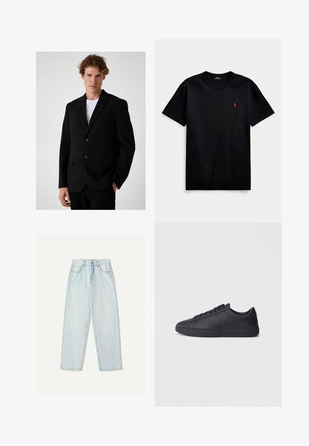 Schwarze Blazer aus strukturiertem Stoff, mit taillierter Passform, angedeuteten Revers, zwei Fronttaschen und zwei passenden Knöpfen. Darunter ein schlichtes weißes T-Shirt.; Schwarzes Baumwoll-T-Shirt mit kurzen Ärmeln, Rundhalsausschnitt und kleinem roten gestickten Logo auf der linken Brust. Glatte Textur, lässiges Design.; Helle blaue Denim-Jeans mit lässiger Passform, geradem Beindesign, Fünf-Taschen-Stil und dezentem Verblassen des Stoffes.; Schwarze Sneaker aus glattem Leder mit einem tiefen Design, runder Zehenform und flacher Gummi-Sohle. Mit Schnürsenkeln und dezentem Branding.