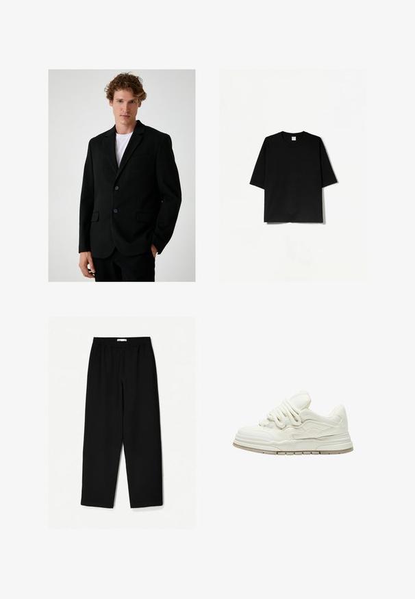 Svart kavaj i strukturerad tyg, med skräddarsydd passform, slag, två framfickor och två matchande knappar. En enkel vit t-shirt under.; Svart kortärmad t-shirt med rund halsringning, tillverkad av mjukt tyg, med en ledig, boxig passform och minimalistisk design.; Svarta, vida byxor i lätt tyg. Har en elastisk midja och en mjuk textur. Inga synliga mönster eller detaljer.; Vit sneakers med en texturerad yta och framträdande snörning. Har en tjock, lager-på-lager sula och subtila design detaljer på sidorna.