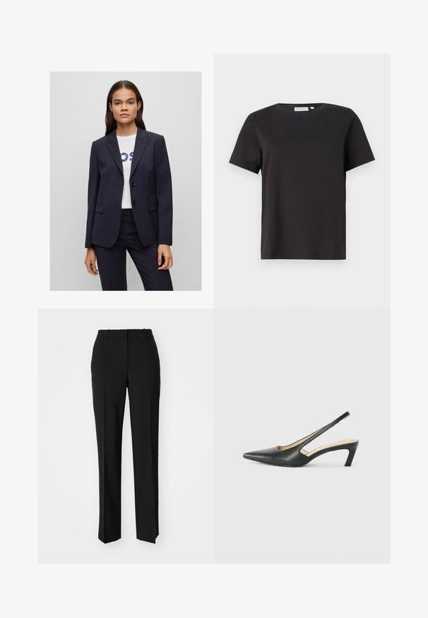 Sacou bleumarin cu un design ajustat, având rever tăiat, două buzunare frontale și două butoane, purtat peste o cămașă albă cu litere albastre.; Tricou negru din bumbac, cu mâneci scurte, de tip crew neck, cu un design simplu și curat. Fără modele sau embellishments vizibile.; Pantaloni negri tailor-ed cu un design drept, având o textură fină și cute clare pe față. Fără elemente de prindere vizibile.; Pantof cu toc mic, cu vârf ascuțit și slingback, realizat din piele netedă, având un design decupat pe lateral pentru respirabilitate.