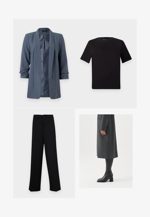 Hall mõnus tekstuur, avatud ees ja volditud varrukatega hall bleiser. Seest on kontrastne satiinviimistlus ja minimalistlik disain.; Must olema lühikeste varrukatega must t-särk ümmarguse kaelusega, valmistatud pehmest puuvillast kangast. Lihtne disain, ilma nähtavate logode või mustriteta.; Musta laiad püksid siledast kangast, millel on klassikaline vöökoht, nööbiga sulgemine ja ees voldid.; Hallhalline, kohandatud ülikond jakk sirge lõikega; kombineeritud kuni põlveni ulatuvate mustade nahast saapadega, millel on nelinurkne varvas ja paks konts.