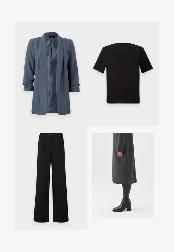 Šedý blazer s hladkou texturou, otevřeným předním dílem a ohrnutými rukávy. Interiér má kontrastní saténový povrch, minimalistický design.; Černé tričko s krátkým rukávem a kulatým výstřihem, vyrobené z měkké bavlněné látky. Jednoduchý design, žádné viditelné logo nebo vzory.; Černé kalhoty s vysokým pasem a širokými nohavicemi, s předním zapínáním na knoflík a zip, s jemnými sklady pod pasem.; Šedý padnoucí kabát s rovnou siluetou; kombinovaný s černými koženými botami nad kolena s hranatou špičkou a masivním podpatkem.