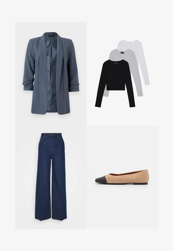 Grå blazer med en glatt tekstur, åpen front og brettede ermer. Innvendig har den en kontrastfarge med satinfinish og minimalistisk design.; Tre lange ermer t-skjorter stablet: svart, grå og hvit. Hver har en rund hals og et kort design med glatt, lett stoff.; Høyt liv vidbukse i mørk blå denim med front- og baklommer, knappelukking, og synlige sømdetaljer.; Beige semsket ballettsko med svart lær rund tåhette, lav hæl og glatt tekstur, med minimal søm og et rent design.
