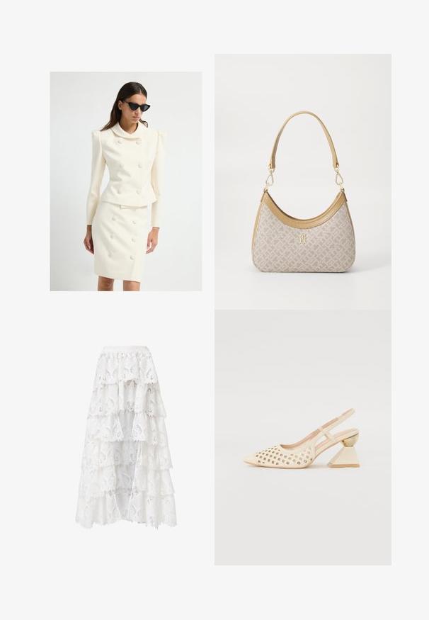 Witte op maat gemaakte suit met een getailleerde jas met een grote kraag en knoopdetails, gecombineerd met een bijpassende kokerrok, beide in een gladde stof.; Witte kant blouse met een ronde halslijn, korte pofmouwen en een bloemenpatroon. Voorzien van knoopsluiting en doorschijnende stof.; Witte kant rok met een gelaagd ontwerp en gegolfde randen. Het materiaal heeft een bloemenpatroon en textuur, wat een gelaagd uiterlijk creëert.; Beige slingback schoen met geperforeerde bovenkant, puntige neus en een contrasterende driehoekige hak met een gouden accent. Over het algemeen een gladde textuur.; Beige handtas met een patroon en een gebogen vorm, leren accenten en een goudkleurig logo aan de voorkant. Beschikt over een kort handvat voor gemakkelijk dragen.; Lauren Ralph Lauren COLLAR - Ketting - gold-coloured/white