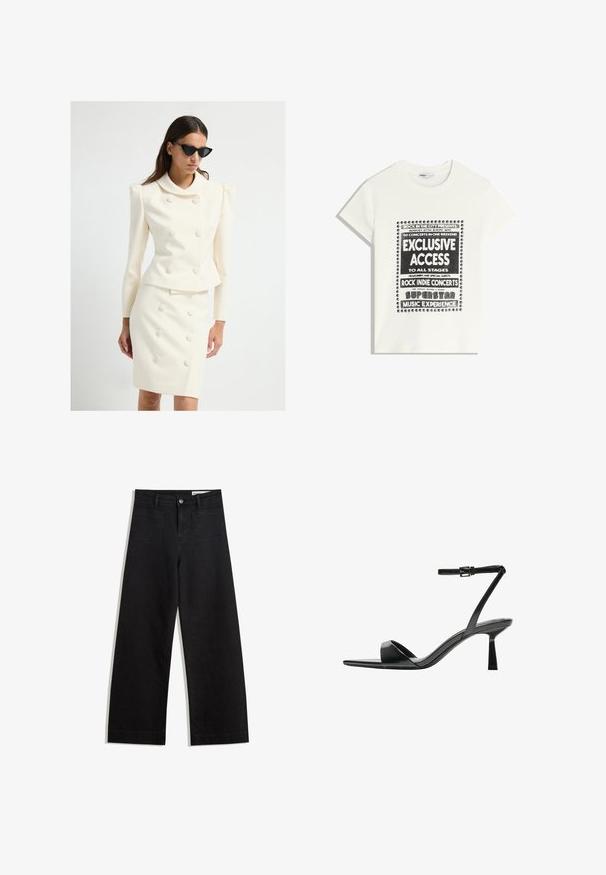 Tailored suit bianco con giacca aderente caratterizzata da un ampio colletto e dettagli con bottoni, abbinata a una gonna a tubino coordinata, entrambi in tessuto liscio.; Maglietta bianca con testo nero che promuove un evento musicale, con le scritte "Accesso Esclusivo", "Concerti Rock Indie" e "Esperienza Musicale da Superstar".; Pantaloni in denim neri a gamba larga con vita alta, dotati di tasche anteriori e posteriori, cuciture a punto, e chiusura con bottone. Texture liscia.; Bershka Sandali con tacco - black