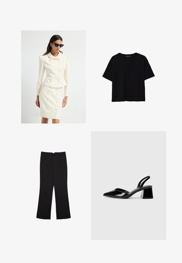 Hvid skræddersyet jakkesæt med en figursyet jakke med en stor krave og knapdetaljer, parret med en matchende blyantskørt, begge i glat stof.; Sort kortærmet T-shirt lavet af bomuld. Har rund hals og en løs pasform med en glat, ensfarvet tekstur. Ingen synlige mønstre eller detaljer.; Sorte bukser med lige pasform, der har frontlommer og slidser i kanten. Lavet af blødt, glat stof. Velegnet til forskellige anledninger.; Sorte patentlæder slingback hæle med spids tå og en geometrisk blok hæl. Har et elegant, minimalistisk design og en glat tekstur.