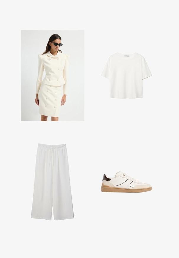 Weißer maßgeschneiderter Anzug mit einer taillierten Jacke, die einen großen Kragen und Knopfdetails aufweist, kombiniert mit einem passenden Bleistiftrock, beide aus glattem Stoff.; Weißes T-Shirt mit kurzen Ärmeln aus Baumwolle. Hat einen Rundhalsausschnitt und eine lockere Passform. Glatte Textur ohne sichtbare Muster oder Akzente.; Weiße, weit geschnittene Hosen aus leichtem Stoff, mit einem elastischen Bund und einem Zugband für eine verstellbare Passform. Glatte Textur.; Stradivarius Sneaker low - white