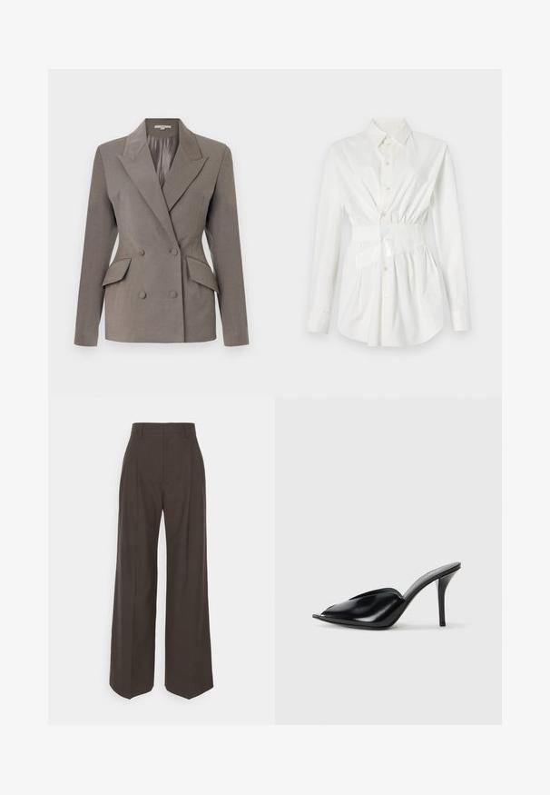 Dvojredni sivi blejzer s satenskim interirom, oštri reveri, dve sprednje žepne, in zapiranje na dva gumba. Prilagojen kroj s strukturiranimi rameni.; Bela srajca z dolgimi rokavi, prilegajočim pasom in sijočim pasom. Izdelana iz gladkega, lahkega materiala.; Temno rjave široke hlače z visokim pasom, ki imajo lepo stisnjene gube, gladko teksturo in krojen fit.; Črne usnjene mule s visokimi petami, odprto nosilo, bodičast dizajn, gladka tekstura in ozka stiletnica.