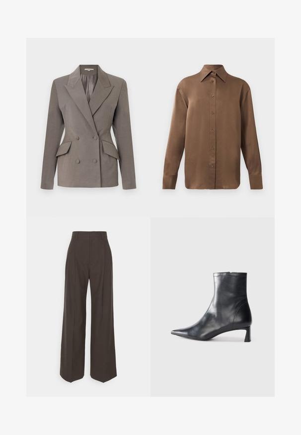 Dvoredni sivi blazer s satenskom unutrašnjošću, vrhunskim reverima, dva prednja džepa i zatvaranjem na dva dugmeta. Prilagođeni kroj sa strukturiranim ramenima.; Smeđa košulja s dugim rukavima, s gumbima i šiljastim ovratnikom i manžetama, prikazana na jednostavnoj bijeloj pozadini.; Tamno smeđi hlače širokih nogavica s visokim strukom, s uredno peglanim naborima, glatkom teksturom i krojem koji dobro pristaje.; Crne kožne gležnjače s uskim vrhom i elegantnim dizajnom. Imaju niski potpetak i zatvaranje na patentni zatvarač straga. Glatka tekstura.