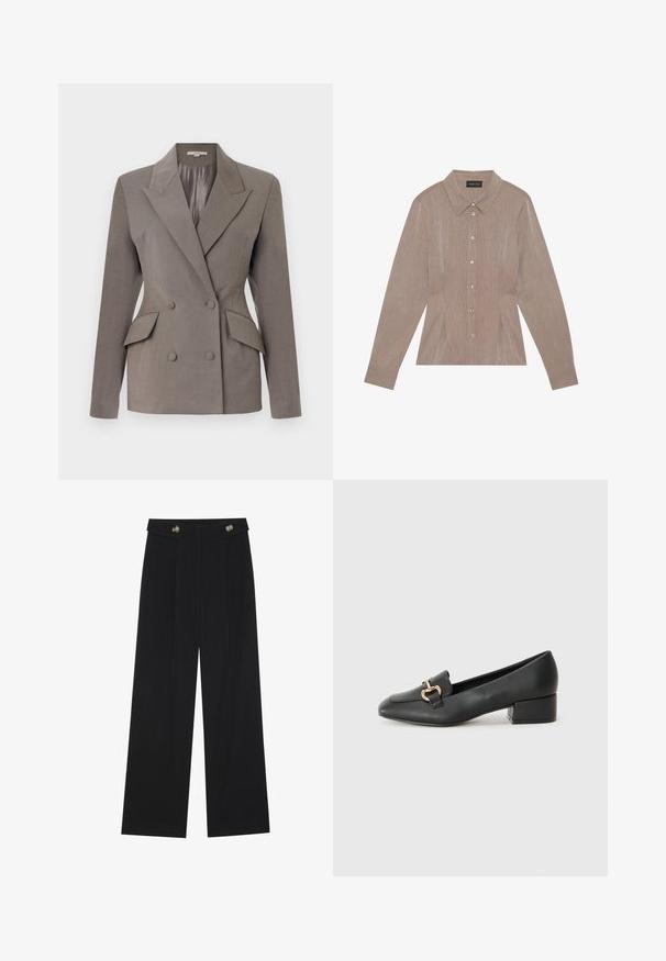 Šedý dvouřadý blazer se saténovou podšívkou, špičatými klopami, dvěma předními kapsami a zapínáním na dva knoflíky. Přiléhavý střih s výraznými rameny.; Hnědá košile s dlouhým rukávem a límečkem, pruhovaný vzor, zapínání na knoflíky vpředu a postranní švy s puky.; Černé široké kalhoty s vysokým pasem, detailní knoflíky na pase a přední záhyby.; Černé kožené loferské boty s plochým podpatkem, zdobené zlatým kovovým detailem na přední straně a hladkým povrchem.