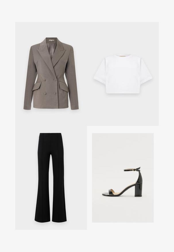 Dvojredni sivi blejzer s satenskim interirom, oštri reveri, dve sprednje žepne, in zapiranje na dva gumba. Prilagojen kroj s strukturiranimi rameni.; Kratka bela majica iz mehkega materiala, s kratkimi rokavi, okroglega izreza in rebrastimi robovi. Preprost in neokrašen dizajn.; Črne krilate hlače z visokim pasom, izdelane iz raztegljive tkanine. Imajo vertikalne šive na sprednji strani in gladko teksturo.; Črne patentirane sandale s široko peto, odprtim prstom in trakovi okoli gležnja, ki imajo zlat zajemalec. Gladka tekstura in eleganten dizajn.