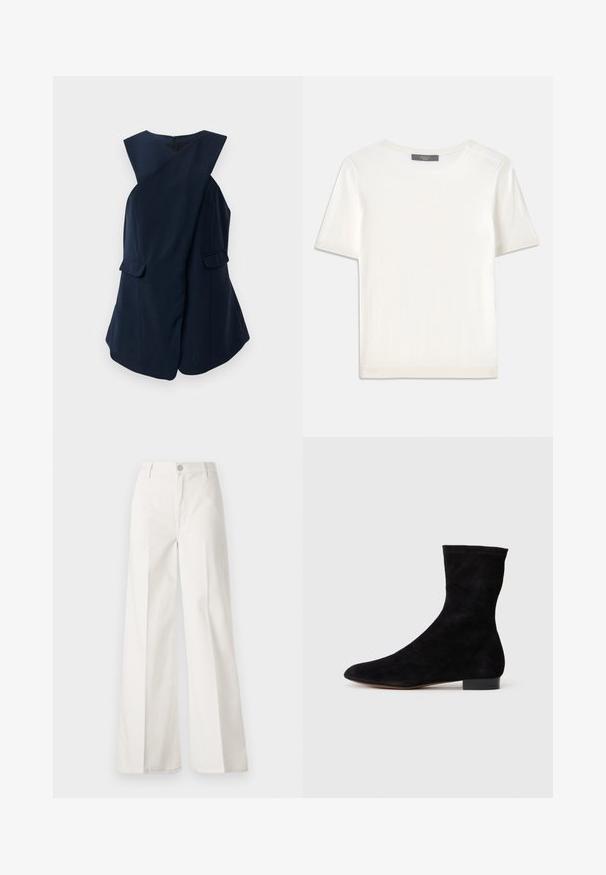 Vestido azul marinho sem mangas com um design em frente de envoltório e dois bolsos de aba, apresentado contra um fundo branco.; Top de malha branco, de mangas curtas, com decote redondo, apresentando uma textura suave e discretos realces canelados nas mangas e na barra.; Calças largas brancas feitas de algodão com uma textura suave. Apresenta um botão frontal, fecho de correr e um design de quatro bolsos.; Bota de tornozelo em camurça preta com cano ajustado, bico fino e salto bloco baixo. Textura suave e design minimalista, adequada para estilos versáteis.