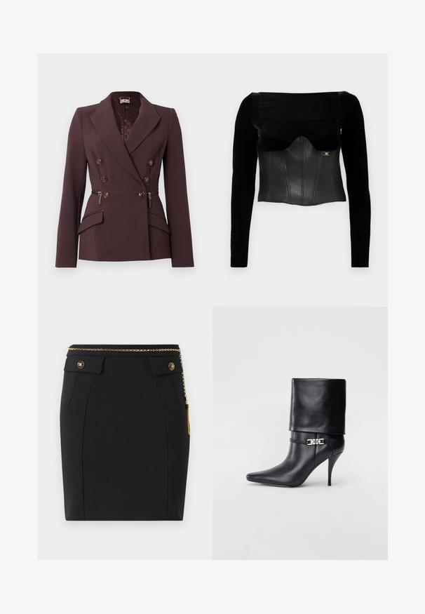 Dvoredni blazer v temno burgundski tkanini, z zlatimi gumbi, strukturiranimi rameni in stranskimi žepki na zadrgo.; Črn dolgrokavnik z oblikovanim usnjenim telesom z gladko teksturo, širokim izrezom in zlatim dodatkom ob strani.; Črna prilegajoča krila z žepoma na sprednji strani, zlatimi dekorativnimi gumbi in tankim zlatim verižnim pasom s šalom na desni strani.; Črne usnjene gležnjarje z ostrim nosom, visokim stiletto peto, zavihanim robom in zlatim okrasnim zaponko na gležnju.