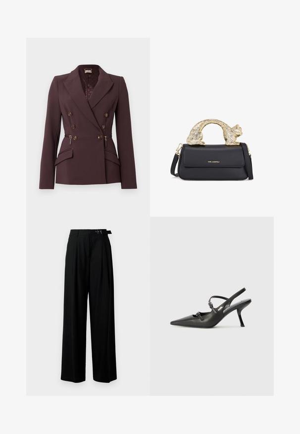Kaksirivinen bleiseri syvän burgundin värisestä kankaasta, jossa on kultasävyiset napit, muotoillut hartiat ja sivuissa vetoketjulliset taskut.; Musta lyhyt toppi korkealla kauluksella, jossa on hopeanvärisiä paljetteja vaakasuorina, läpinäkyvät hihat ja teksturoitu materiaali.; Mustat leveät housut korkealla vyötäröllä, etuosassa laskokset ja soljellinen vyö. Valmistettu sileästä ja kevyestä kankaasta.; Mustat nahkaiset slingback-korkokengät, joissa on terävä kärki, hoikka korko ja koristeellinen solkityyny varpailla. Tasainen pinta ja tyylikäs muotoilu.; Musta nahkakäsi, jossa on kultainen kissanmuotoinen kahva, etuohjauslaukku, säädettävä hihna ja logotunnus alaosassa.