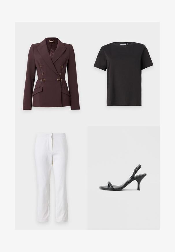 Blazer duplo em tecido borgonha profundo, com botões dourados, ombros estruturados e bolsos laterais com fecho de correr.; T-shirt de algodão preto com mangas curtas, decote redondo e um design simples e limpo. Sem padrões ou adornos visíveis.; Calças de algodão brancas com um design de perna reta, apresentando uma cintura de altura média e sem hardware ou padrões visíveis. Textura suave por toda a peça.; Sandálias de salto alto em couro preto com um salto curvado e fino e um design de tiras cruzadas. Correia ajustável no tornozelo. Textura suave.