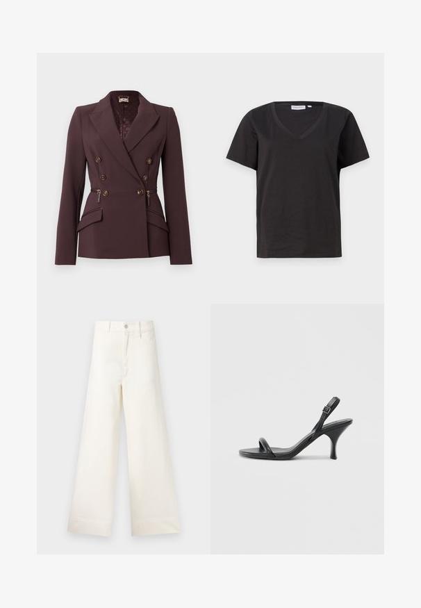 Sügisene burgundia värvi kahe rindelise bleiseri, millel on kuldsetes toonides nupud, struktureeritud õlad ja külgedel lukuga taskud.; Must musta T-särk V-kaelusega ja lühikeste varrukatega. Lihtne disain, regulaarne istuvus, ilma mustrite ja aktsentideta.; Laiad püksid heleses puuvillas. Omavad kõrget vööd, ees on taskud ja sirge lõige. Puhtad ääred ilma mustriteta.; Mustad nahast kõrgete kontsadega sandaalid, millel on saledad, kõverad kontsad ja ristatud rihma disain. Reguleeritav pahkluu rihm. Sile tekstuur.