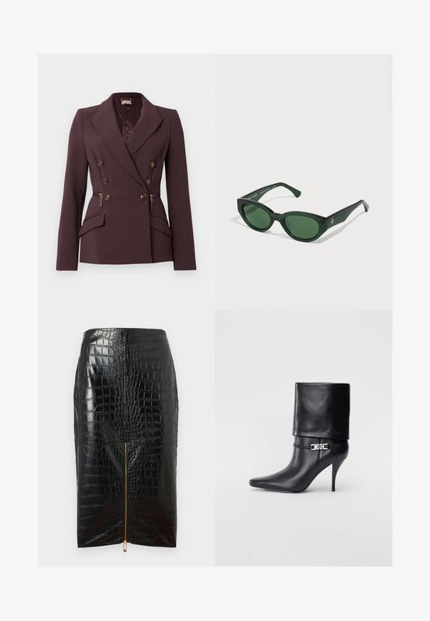 Dvojradový blejzer v hlbokej burgundskej tkanine, s kovovými gombíkmi v zlatom odtieni, so štruktúrovanými ramenami a bočnými vreckami na zips.; Čierny saténový top s hlbokým výstrihom, tenkými ramienkami a hladkým, lesklým povrchom. Jednoduchý, klasický dizajn bez ozdôb.; Čierna sukňa z umelého kože v štýle ceruzky s krokodíľou textúrou, s centrálnym zlatým zipsom a hladkým povrchom.; Čierna kožená členková topánka s špicatou špičkou, vysokým ihlovým podpätkom, prehnutým manžetom a zlatým dekoratívnym sponou na členku.; Zelené slnečné okuliare s lesklým povrchom, obdĺžnikové rámčeky a tmavozelené šošovky. Na strane rámu sa nachádza subtilné logo.; Čierna kožená kabelka so zlatým úchytom v tvare mačky, so predným klopovým uzáverom, nastaviteľným popruhom a detailom loga na dolnej prednej časti.