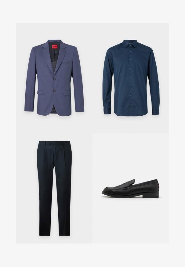 Tume sinine bleiser, mis on valmistatud siledast kangast ja millel on konstruktsiooniline disain. Seda kaunistavad kaks esimest taskut ja ühe nupuga kinniti. Sees on silt.; Tumesinine pika varrukaga nööpidega särk, mis on valmistatud sileda kangaga. Omab standardset kraed, esistabiilset nööpide rida ja mansettidega varrukaid.; Mustad kohandatud püksid, mis on valmistatud siledast kangast, esitavad kitsast lõiget, kahte esist pleeti ja lamedat vöökohta ilma nähtava riistvarata.; Mustad mustad nahast loaferid siledast viimistlusest, ümmargune nina ja väike dekoratiivne klapp. Omab madalat kokkupandud kontsa ja diskreetset brändingut.
