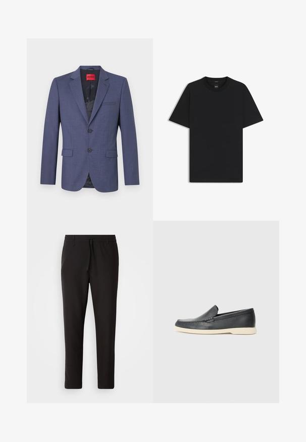 Navy blue blazer made of smooth fabric with a structured design, featuring two front pockets and a single button closure. Labeled inside.; Black short-sleeve T-shirt made from a smooth cotton blend, featuring a crew neckline and a minimalistic design with no patterns or accents.; Black jogger pants made of smooth fabric. Feature an elastic waistband with a drawstring, tapered legs, and no visible pockets. Simple design.; Black leather slip-on loafers with a textured finish and a contrasting beige rubber sole. Features a subtle accent along the front.