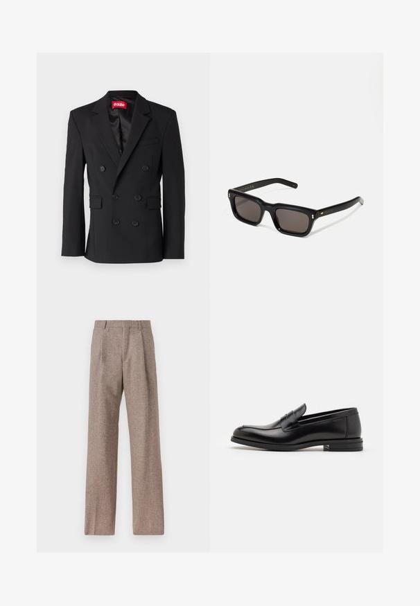 Black double-breasted blazer made of smooth fabric. Features notched lapels, two front pockets, and six black buttons down the front.; White long-sleeve button-up shirt made of cotton, featuring a chest pocket with tonal embroidery, a collar, and button cuffs.; Brown, high-waisted trousers made of textured fabric. Features wide legs and two front pleats for structure. Neat finish with no visible hardware.; Black leather loafers with a smooth texture, rounded toe, and a decorative strap across the vamp. Low stacked heel, minimalist design.; Black rectangular sunglasses with dark lenses, thick plastic frame, gold accents on temples, and brand logo engraved on the arm.