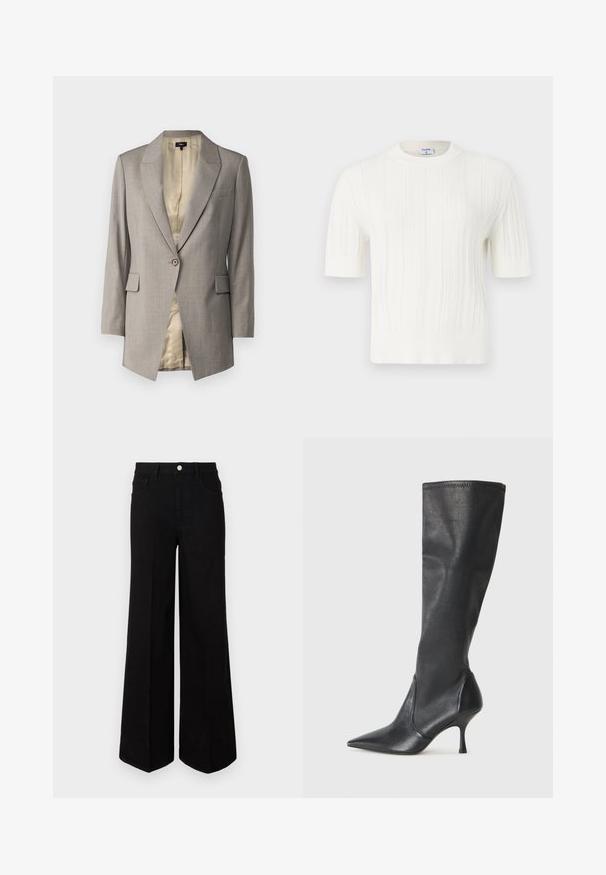 Theory ETIENNETTE - Bleiser - cinder melange; Valge õmmeldud lühikeste varrukatega kampsun, millel on vertikaalne ribakujundus ja ümmargune kaelus. Valmistatud pehmest kangast, millel on tekstuuriline viimistlus.; Mustad mustad laiad teksad, millel on kõrge vöökoht, ees taskud ja ees nuppude sulgemine. Üksik serv all.; Knee-high mustad nahksaapad terava nina ja kitsaste stiilsete kontsadega. Sile tekstuur sobiva disainiga ja õmblused ülemisel serval.