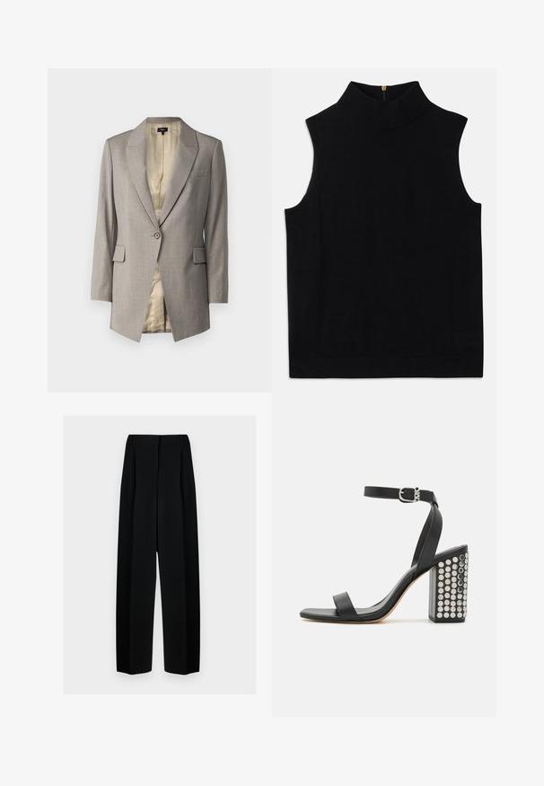 Theory ETIENNETTE - Blazer - cinder melange; Top nero senza maniche a collo alto realizzato in materiale morbido, presenta una chiusura con zip sul retro. Design semplice senza motivi o dettagli.; Pantaloni neri a gamba larga con vita alta, dotati di pieghe e una texture liscia. Il tessuto sembra leggero e si drappeggia in modo elegante.; Infradito in pelle nera con tacco e cinturino alla caviglia. Presentano una punta quadrata, una texture liscia e un tacco a blocco quadrato adornato con borchie in argento.