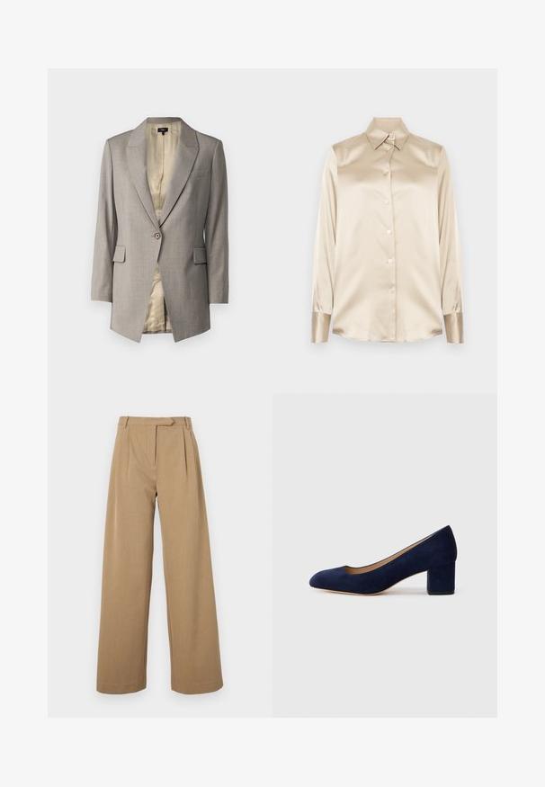 Theory ETIENNETTE - Blézer - cinder melange; Beige selyem ing hegyes gallérral, teljes hosszúságú ujjakkal, gombos záródással és enyhén fényes anyagú mandzsettákkal. Minták vagy díszítések nélkül.; Pántos nadrág világosbarna színben, texturált anyagból készült. Elülső redők és kényelmes derékpánt jellemzi. Egyszerű dizájn, látható fémalkatrészek nélkül.; Tengerészkék velúr, hegyes orrú pumpa, középmagas tömbsarkúval. Simítású felület finom fénylő hatással, elöl egy kis kivágással.