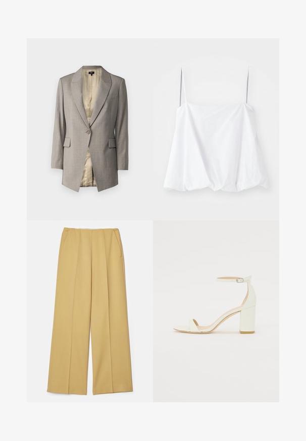 Theory ETIENNETTE - Kratka jakna - cinder melange; Bijela bezrukavna majica s tankim trakama, izrađena od lagane tkanine. Sadrži širok kroj i nabranu teksturu na rubu.; Hlače širokih nogavica u boji senfa, s prednjim džepovima i glatkom teksturom, s čistim, krojenim dizajnom.; Bijela kožna sandala na blok petu s remenom oko zapešća i minimalističkim dizajnom. Otvoreni nos i glatke teksture kroz cijelu obuću.