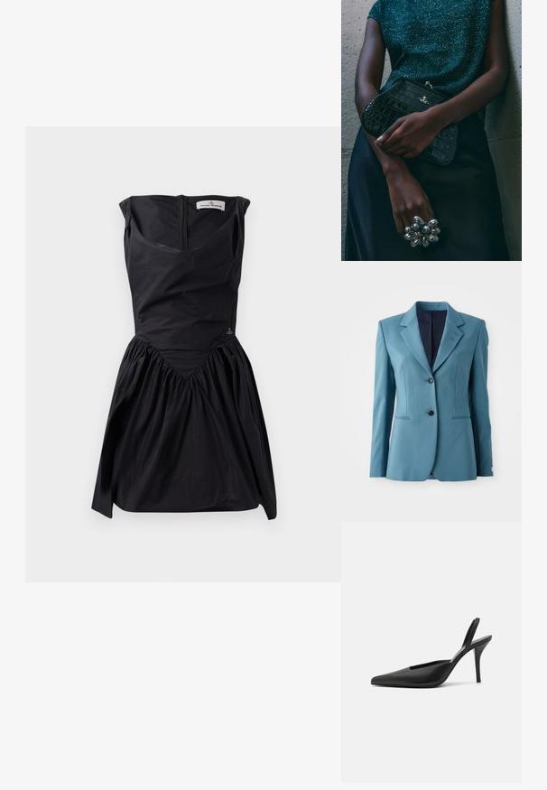 Blazer verde-água com um design estruturado, lapelas recortadas, dois botões e bolsos laterais. Tecido suave com um brilho sutil. Interior forrado.; Vestido preto sem mangas com corpete estruturado, saia franzida e detalhe de costura em forma de V. Possui um fecho traseiro e um sutil detalhe de logotipo.; Sapatos de salto aberto pretos com biqueira afiada, material de couro suave e um design elegante e minimalista. Salto alto de agulha.; Clutch bag preta com padrão de crocodilo e acessórios em prata, sostenida contra um fundo cinza texturizado. Apresenta uma superfície brilhante.