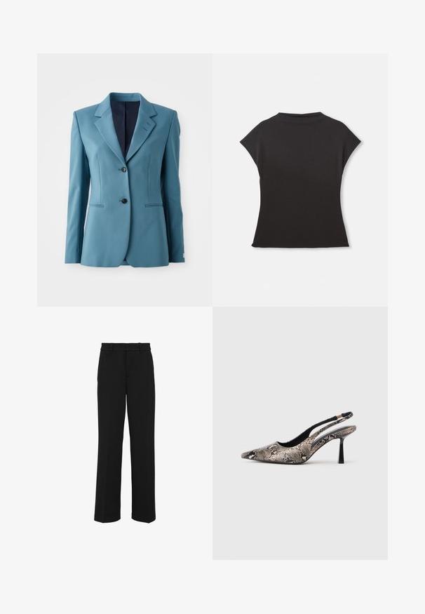 Pelenos švarkas su išskirtiniu dizainu, įpjautais atlapais, dviem mygtukais ir šoninėmis kišenėmis. Sklandus audinys su subtiliu blizgesiu. Su pamušalu.; Juodas trumpas rankovėmis viršus su aukštu kaklu ir laisvu siluetu. Pagamintas iš minkštos medžiagos su lygiu paviršiumi. Nėra matomų raštų ar grafikų.; Juodi kelnių, pagamintų iš lygaus, švelnaus audinio. Turi tiesius kojų kirpimus, juosmenį ir diržo kilpas, teikiančias klasikinį įvaizdį.; V-formos slingback batai, pagaminti iš tekstūruoto gyvatės odos raštų, su siauru juodu kulnu ir išpjova šonuose.