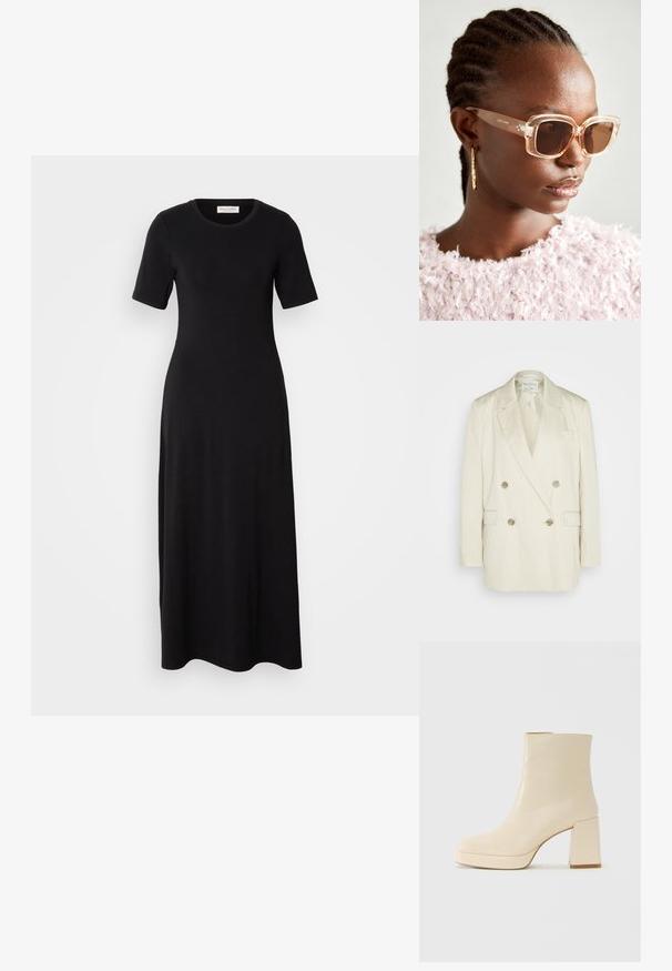 Double-breasted blazer in cream linen with peak lapels, two front pockets, and metallic buttons. Straight silhouette and smooth texture.; Black maxi dress made of soft, stretchy fabric. Features short sleeves, a crew neckline, and a form-fitting silhouette with a smooth texture.; Beige leather ankle boot with block heel and platform sole, smooth finish, and slightly squared toe facing left on white background.; Beige oversized sunglasses with a clear frame and brown tinted lenses, featuring subtle floral accents and bold, geometric design.