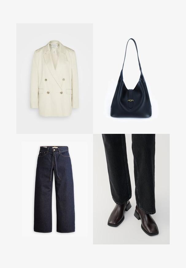 Dvojna blazer jakna iz kremastega platna z vrhunskimi reverji, dvema sprednjima žepoma in kovinskimi gumbi. Ravnine silhueta in gladka tekstura.; Mornarska dolga majica s polo ovratnikom. Narejena iz mehkega blaga z gladko teksturo. Ima prilegajočo se zasnovo in visok ovratnik brez vidnih šivov.; Široke temno modre kavbojke z visokim pasom, ki imajo vrvico za zavezovanje, pet žepov in kontrastne šive.; Rjavi usnjeni gležnjarji s kvadratnim nosom in blok peto, v kombinaciji s črnimi širokimi hlačami. Gladka textura in minimalističen dizajn.; Črna usnjena torbica s mehkobo in sproščenim dizajnom. Ima raven trak in osrednje zapiranje z zlatim poudarkom.