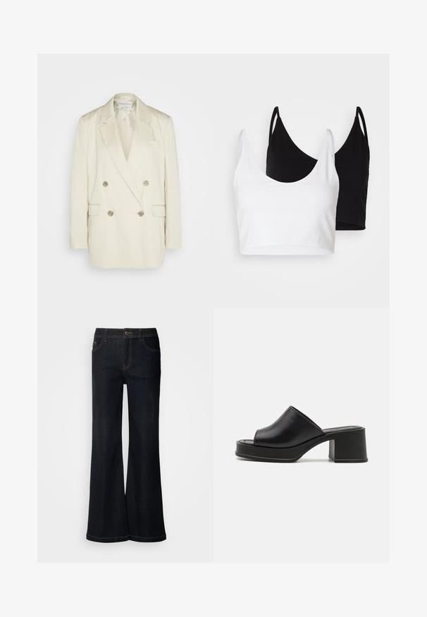 Divrītis ar divām rindām krēmkrāsas lina audumā, ar izvirzītām lāpstiņām, divām priekšējām kabatām un metāla pogām. Taisna silueta un gluda tekstūra.; Divi kokvilnas topi baltā un melnā krāsā. Katram ir dziļa kakla izgriezuma forma un plānas plecu siksnas, ar gludu, mīkstu tekstūru.; Mos Mosh DELUXE - Brīva piegriezuma džinsi - dark blue; Melnas ādas platformas mules ar noapaļotu atvērtu purngalu, zemu bloku papēdi un gludu tekstūru. Minimalistisks dizains ar plūstošām līnijām.