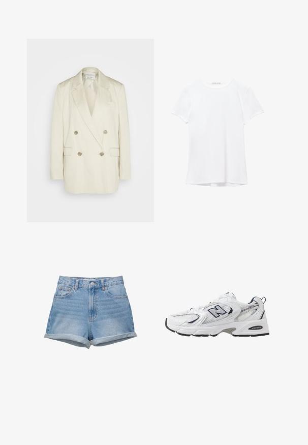 Dvostruki sako od kremastog lana s vrhunskim reverima, dva prednja džepa i metalnim dugmadi. Ravna silueta i glatka tekstura.; Bijela majica kratkih rukava izrađena od glatkog materijala, s okruglim izrezom i suptilnim detaljima šivanja na rubu.; Traper šorts u svijetloplavoj izradi, visoki struk s kopčanjem na dugme, pet džepova i sivi rubovi. Glatka tekstura, klasični dizajn.; Bijela atletska cipela s mrežastim gornjim dijelom, mornarskim akcentima i podstavljenim potplatom. Sadrži "N" logo, vezice i teksturirani detalj sa strane.