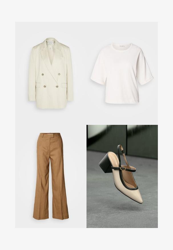 Blazer de doble botonadura en lino crema con solapas puntiagudas, dos bolsillos frontales y botones metálicos. Silueta recta y textura suave.; Camiseta blanca de algodón con un ajuste relajado, mangas cortas con puños, cuello redondo y una textura suave. Diseño simple y minimalista.; Pantalones de pierna ancha marrones, confeccionados en una tela ligera. Cuentan con un frente plano, pasadores para cinturón y una silueta ajustada con un corte a la altura del tobillo.; Zapato slingback de punta beige con ribete negro, hebilla dorada y un tacón cuadrado grueso sobre un suelo gris con fondo verde oscuro.