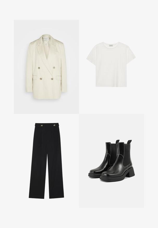 Kétgombos krémszínű len blézer csúcsos hajtogatókkal, két elülső zsebbel és fémből készült gombokkal. Egyenes sziluett és sima textúra.; Fehér, rövid ujjú póló, puha pamutból készült. Kerek nyakkivágással és laza szabással rendelkezik. Tiszta dizájn, látható minták vagy díszítések nélkül.; Fekete, bő szárú nadrág magas derékkal, gombos részletekkel a derékrészen és elülső pliszékkal.; Fekete bőr Chelsea csizmák masszív sarkakkal, rugalmas oldalsó panelekkel és kontrasztos fehér varrással. Texturált felület.