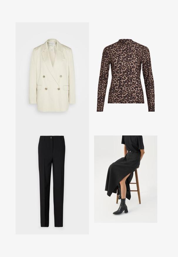 Dobbeltbrystet blazer i cremefarvet linen med spidse klapjer, to forlommer og metallisk knapper. Lige silhuet og glat tekstur.; Langærmet top med leopardprint og høj hals, lavet af strækbart stof. Har en tan-basis med brune pletter. Glat tekstur, tætsiddende design.; Sorte skræddersyede bukser med lige ben-design, der har en knaplukning og bæltestropper, lavet af glat stof.; Sort linned maxi-nederdel med en høj slids, båret med en sort t-shirt og sorte ankelstøvler. Minimalistisk design med en afslappet pasform.