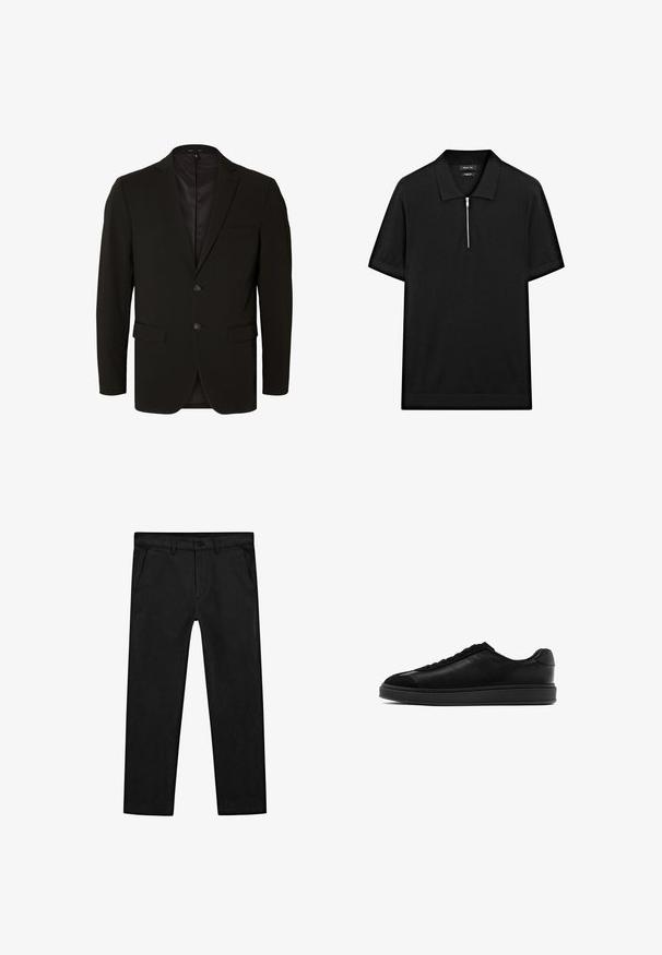 Black tailored suit jacket with a smooth texture, two buttons, notch lapels, and side pockets. Fully lined interior, minimal design details.; Black short-sleeve polo shirt with a stand collar and a front zipper. Made of a smooth fabric with a clean, minimalist design.; Black cotton pants featuring a straight-leg design, front pockets, and a classic button closure with a zip fly. Smooth texture, tailored fit.; Black leather sneakers with a smooth finish, round toe, lace-up front, and a contrasting textured tongue. Thick black rubber sole.