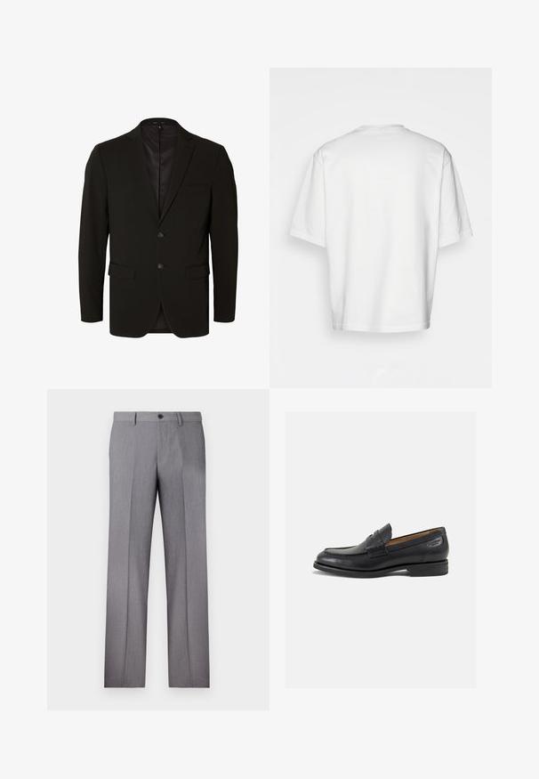 Svart skreddersydd blazer med en glatt tekstur, to knapper, rabattert krage og sidelommer. Fullforet interiør, minimale designdetaljer.; Hvit t-skjorte med korte ermer og rund hals, laget av bomull. Enkel design uten mønstre eller detaljer, sett bakfra.; Grå skreddersydde bukser med flat front, to sidelommer og en enkel knappelukking. Glatt tekstur med et subtilt stripe-mønster.; Sorte lær loafers med en glat overflade, rund tå og dekorativ syning på forfoden. Lav stablet hæl og let glans.